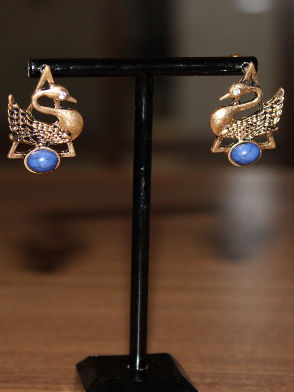 Gold Tone Swan Blue Stone Statement Earrings NWOT
